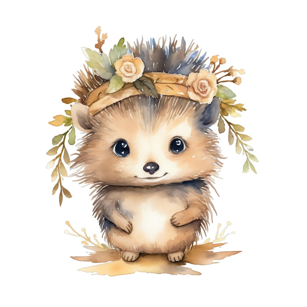 Cute watercolor hedgehog with flowers and boho plants illustration