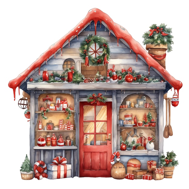 Cute watercolor house with christmas decorations illustration for christmas