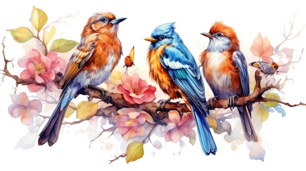 Photo cute watercolor hummingbirds sitting on a branch