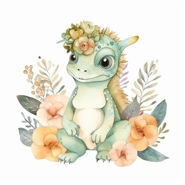 Cute watercolor iguana Illustration Generative AI