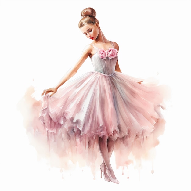 Cute watercolor illustration of a ballerina pink tutu pointe shoes full length graceful slim girl