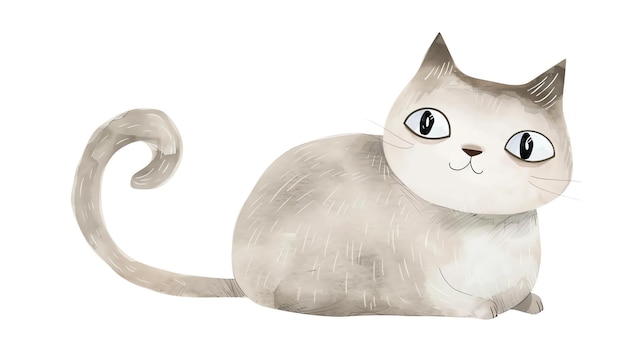 A cute watercolor illustration of a cat sitting down with its tail curled around The cat is mostly white with some gray patches on its head and back