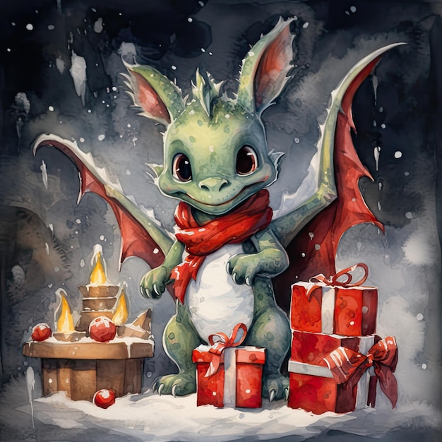 Cute watercolor illustration of a christmas dragon with a gift on a black background