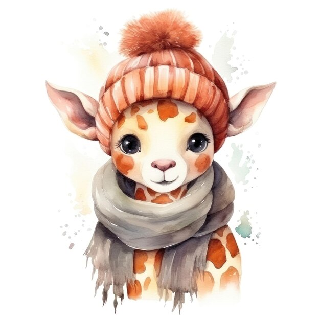 cute watercolor illustration of a giraffe in a fox hat and scarf for a childrens book isolated