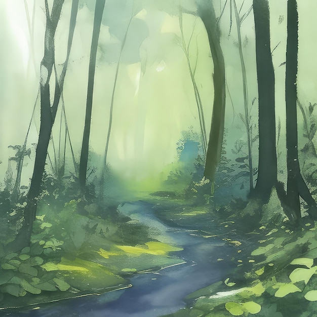 Милая акварельная иллюстрация в зеленых оттенках Волшебный лес прозрачные цвета светлая иллюстрация