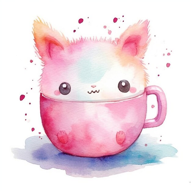 Cute watercolor illustration of kitten in a mug in kawaii style