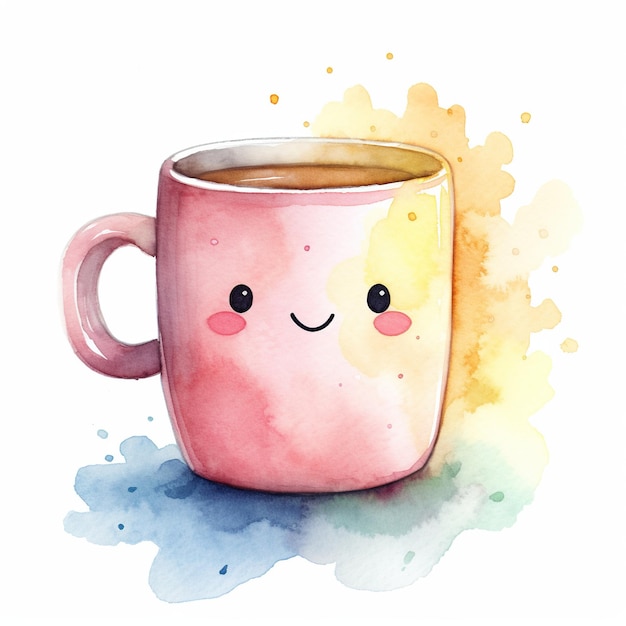 Cute watercolor illustration of a mug in kawaii style