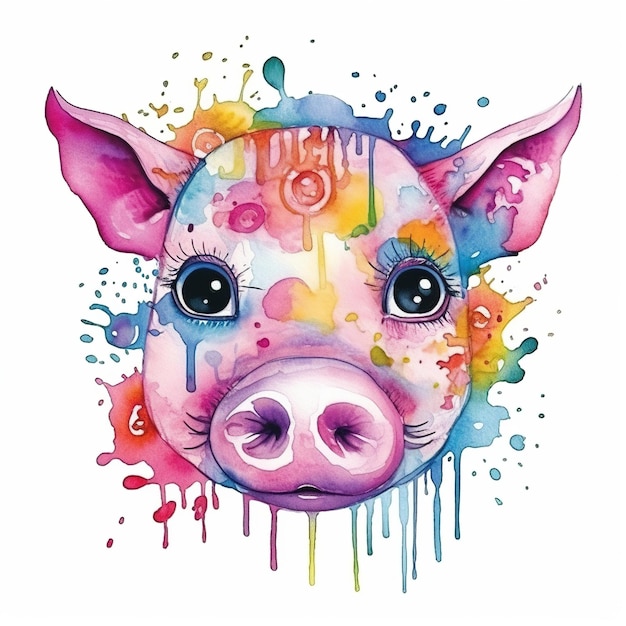 Фото Милая акварельная иллюстрация сельскохозяйственных животных, забавная очаровательная свинья с красочными брызгами, красивые дети