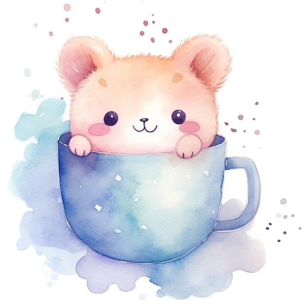 Фото Симпатичная акварельная иллюстрация котенка в кружке в стиле каваи