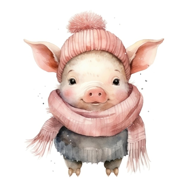 어린이 책 을 위한 돼지 모자 와 스카프 를 입은 다 의 귀여운 수채화 일러스트레이션