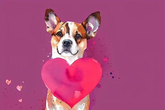 Cute watercolor illustration of a puppy with hearts generative AI