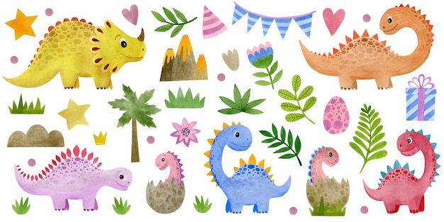 Photo cute watercolor illustration set dinosaurpalm birthday