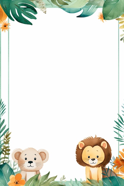 A cute watercolor jungle theme border with animals frame background