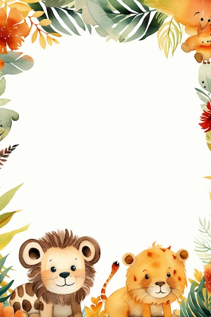 A cute watercolor jungle theme border with animals frame background