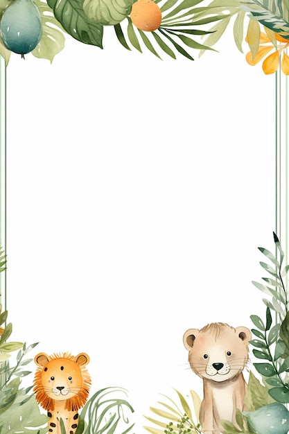 Photo a cute watercolor jungle theme border with animals frame background