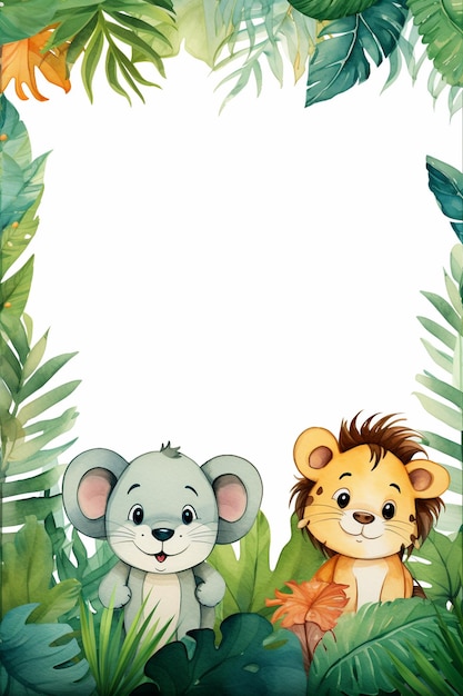 A cute watercolor jungle theme border with animals frame background