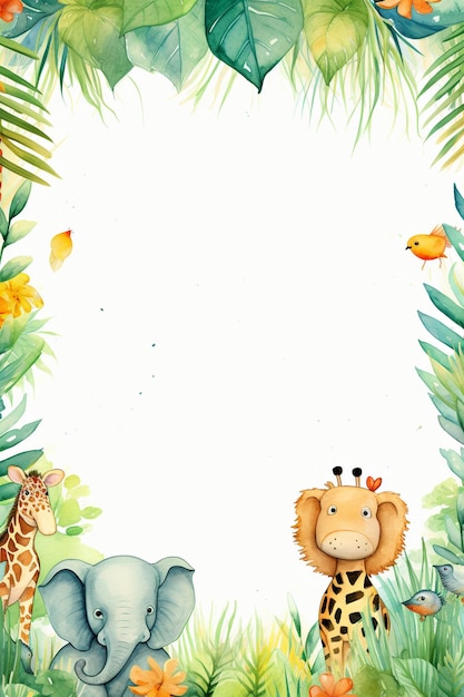 A cute watercolor jungle theme border with animals frame background