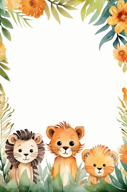 Photo a cute watercolor jungle theme border with animals frame background