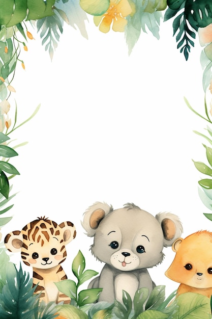 A cute watercolor jungle theme border with animals frame background