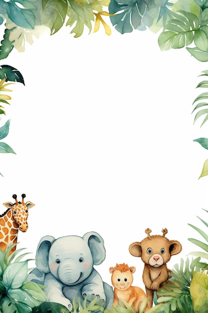 Photo a cute watercolor jungle theme border with animals frame background