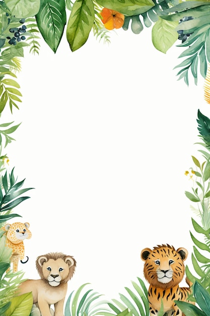 Photo a cute watercolor jungle theme border with animals frame background