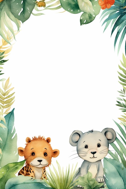 A cute watercolor jungle theme border with animals frame background