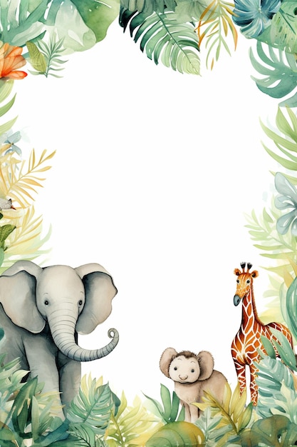 Photo a cute watercolor jungle theme border with animals frame background