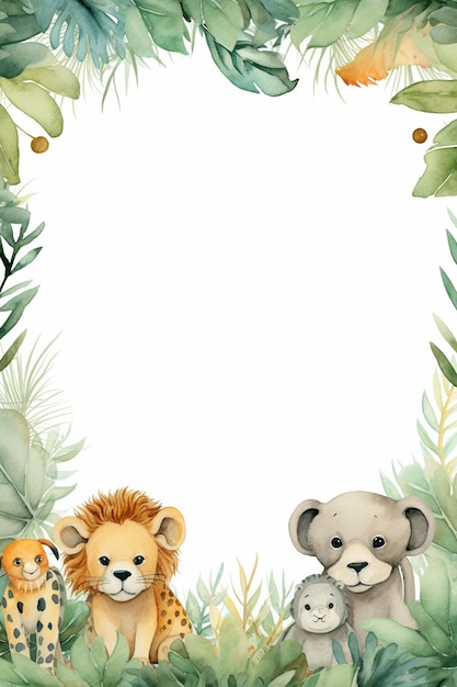 Photo a cute watercolor jungle theme border with animals frame background