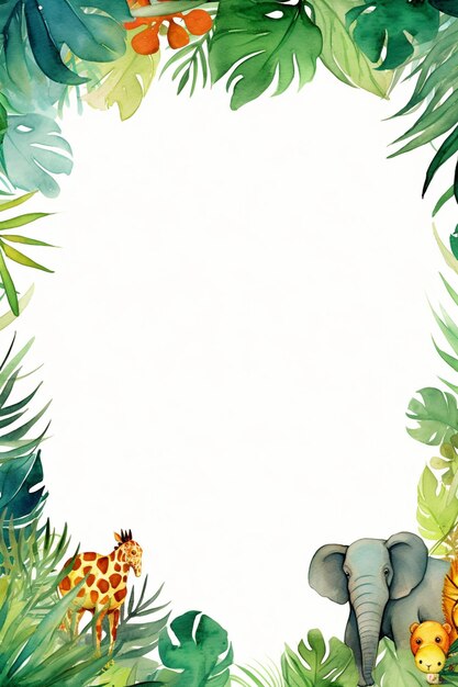 Photo a cute watercolor jungle theme border with animals frame background