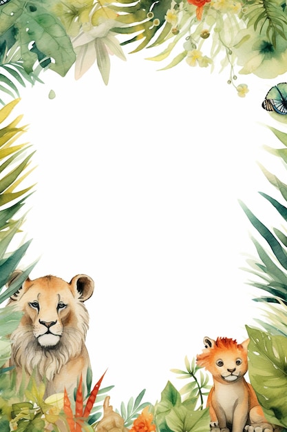 A cute watercolor jungle theme border with animals frame background