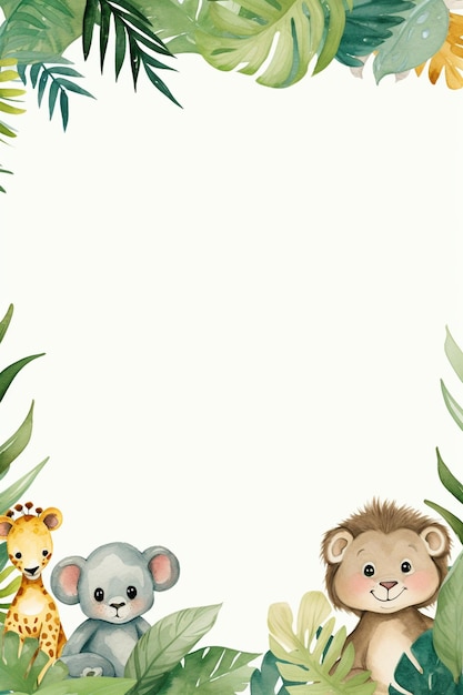 Photo a cute watercolor jungle theme border with animals frame background