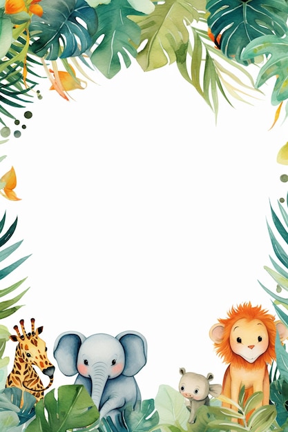 Photo a cute watercolor jungle theme border with animals frame background