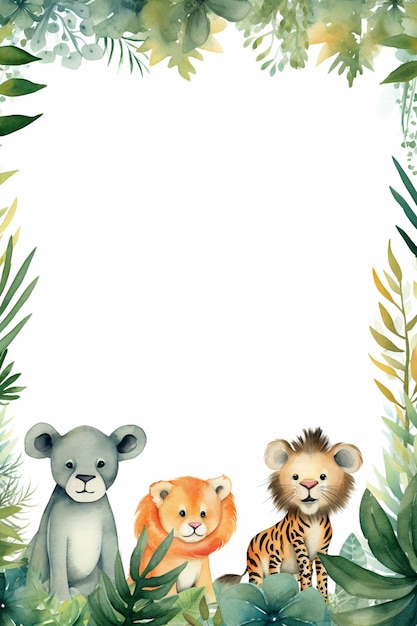 Photo a cute watercolor jungle theme border with animals frame background