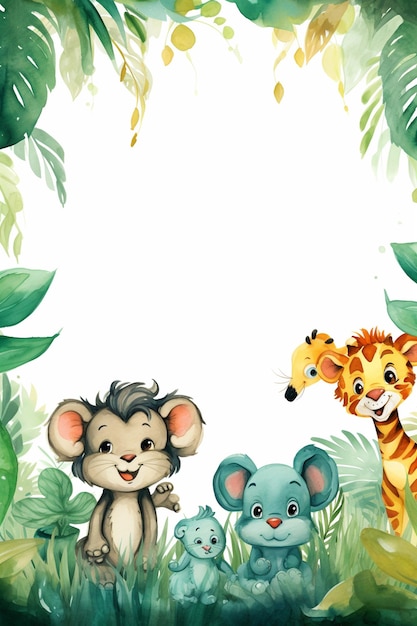 A cute watercolor jungle theme border with animals frame background