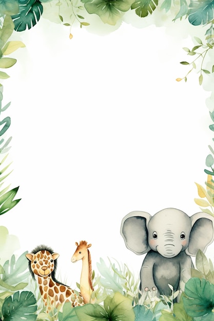 Photo a cute watercolor jungle theme border with animals frame background