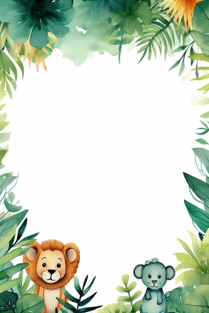 Photo a cute watercolor jungle theme border with animals frame background