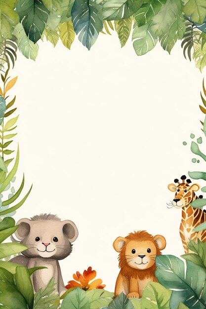 Photo a cute watercolor jungle theme border with animals frame background