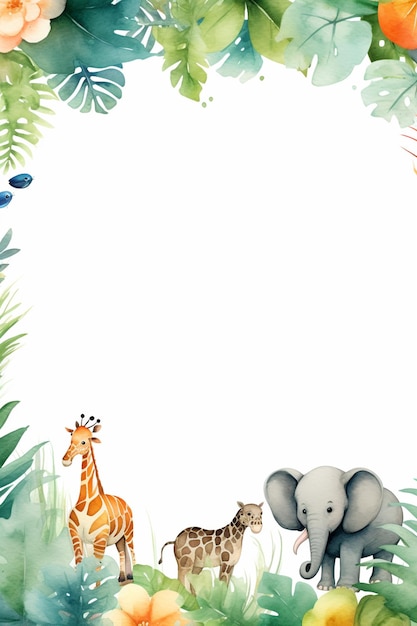 Photo a cute watercolor jungle theme border with animals frame background