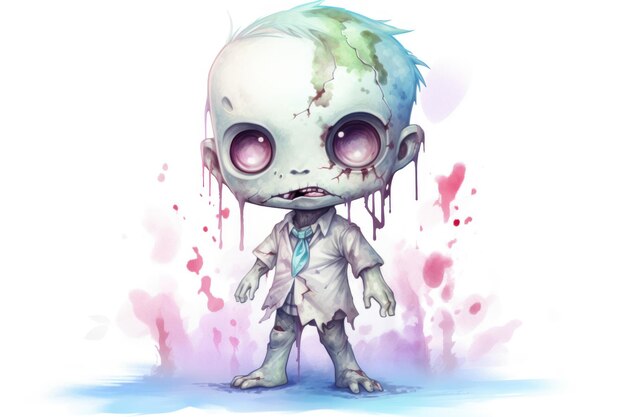 Cute watercolor kawaii zombie in pastel colors spooky funny colorful cartoon zombie character