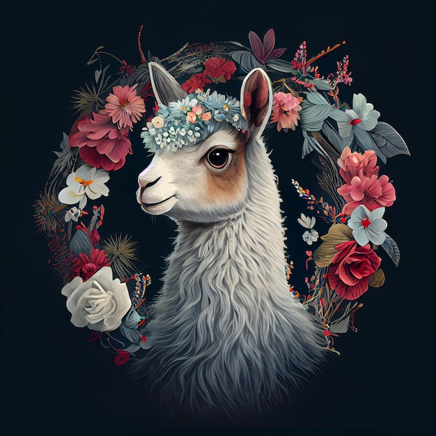 Cute Watercolor Lama with Natural Flowers Generative AI