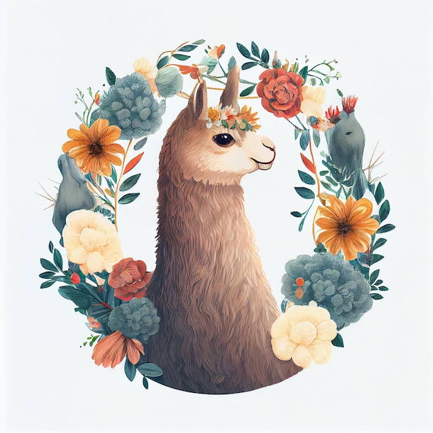 Cute Watercolor Lama with Natural Flowers Generative AI