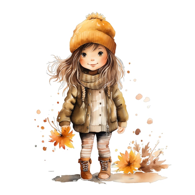 가을 가을 색상 일러스트레이션에서 따뜻한 옷을 입은 귀여운 수채화 어린 소녀
