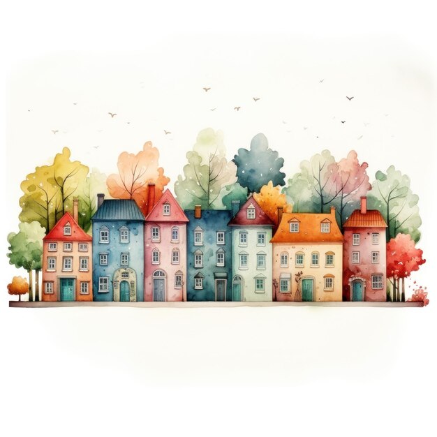 Photo cute watercolor little town isolated