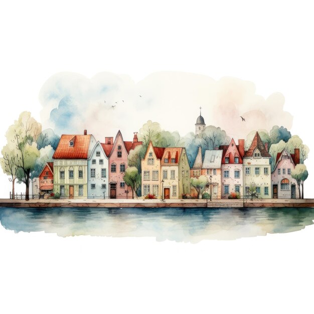 Photo cute watercolor little town isolated