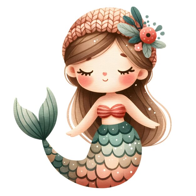 Photo cute watercolor mermaid in retro style for valentines day