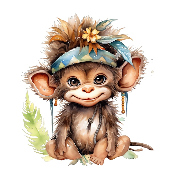 Cute watercolor monkey with flowers and boho plants illustration