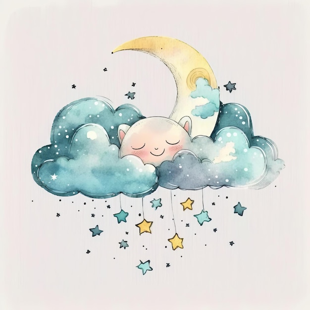 Cute watercolor moon Illustration AI GenerativexA