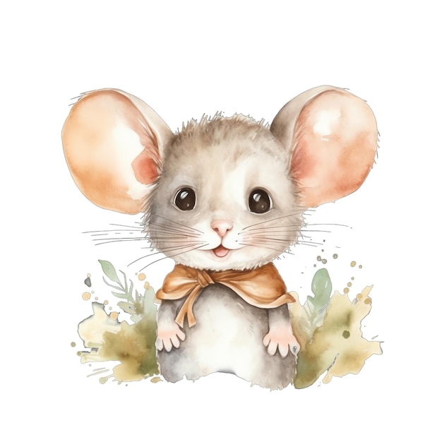 Cute watercolor mouse with flowers and boho plants illustration