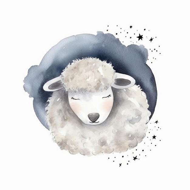 Cute watercolor night sheep Illustration AI Generative