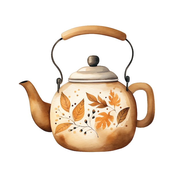 Cute watercolor old vintage kettle with autumn fall leaves for autumn time illustration
